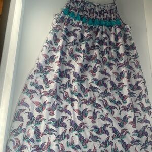 Girls White Smocked Casual Dress with Teal & Purple Bird Print